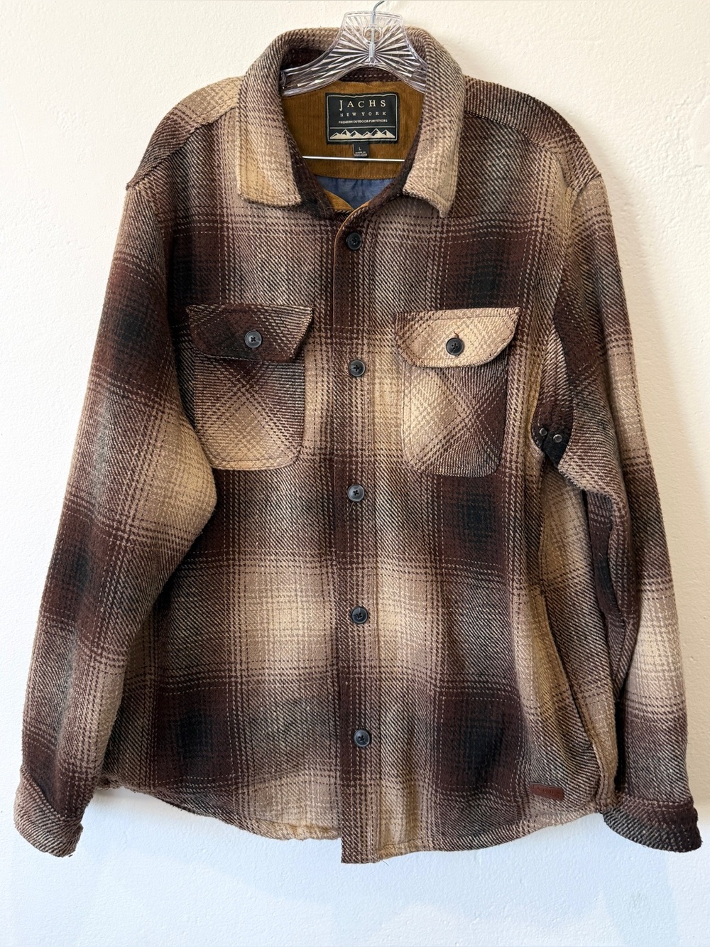 Jachs New York Size Large Brown Plaid Wool Blend Shirt Jacket